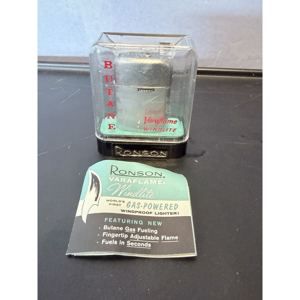 Ronson Varaflame Windlite Collectible Butane Lighter Original Case & Instruction